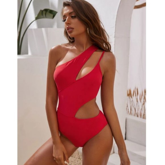 She in red cutout one piece - Picture 1 of 5